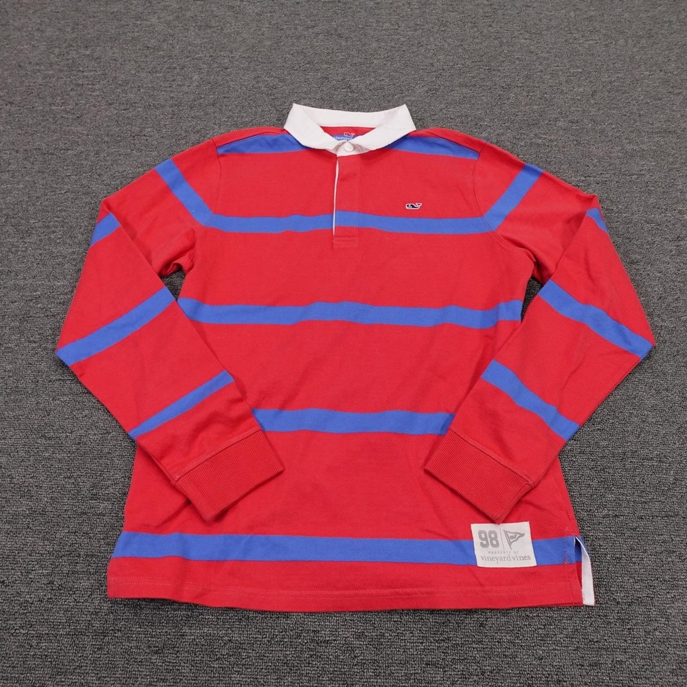 Vineyard Vines Polo Shirt Youth 18 Red Blue Stripe Long Sleeve Rugby Cotton